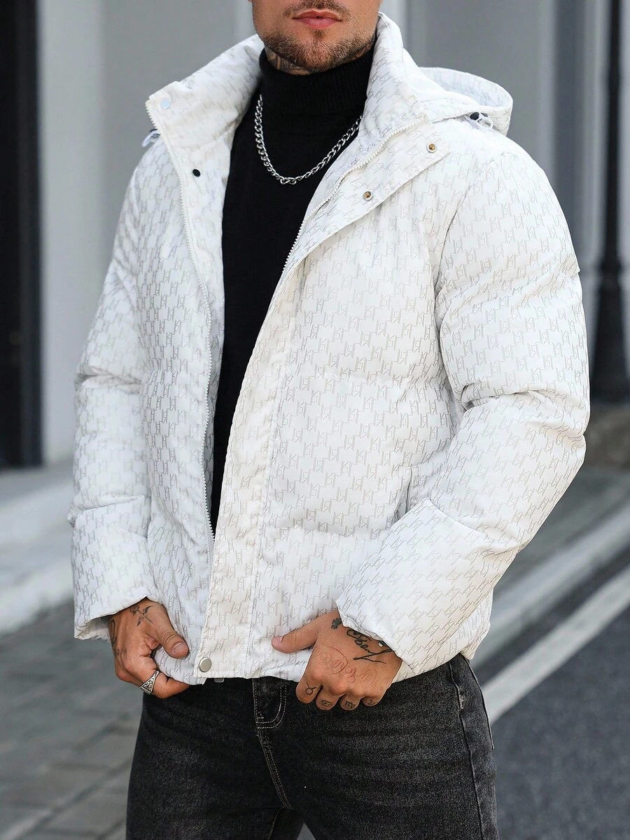 Manfinity CasualCool 男士长袖全印花连帽短款羽绒服，保暖冬季白色拉链外套，秋季 - 白色 - 查看 1