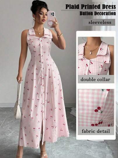 Elenzga 波西米亚风无袖条纹特殊领口收腰A字樱桃纽扣夏季音乐节连衣裙，女士春夏