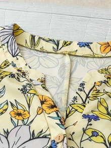 Linhara Áo cánh rộng cài nút cổ chữ V tay ngắn in họa tiết cổ điển cỡ lớn dành cho nữ, mùa xuân/hè - Màu vàng - Xem 3