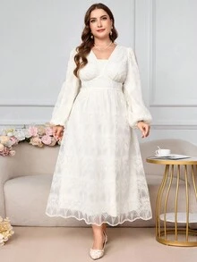 Modelyn Vestido de Renda de Cor Sólida Elegante para Festa em Plus Size - Damasco - Visão 6