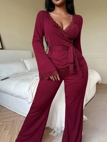 SHEIN HautHeat Women's Casual V-Neck Lace Patchwork Cinched Waist Waist Flared Long Sleeve Belted Robe & Pants Pajama Set, Fall Winter Clothes - Burgundy - View 5