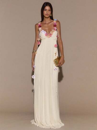 SHEIN BAE Váy suông màu mơ thanh lịch với họa tiết hoa 3D, dáng ôm, lưới mỏng, thích hợp cho kỳ nghỉ, bãi biển, tiệc trưa, váy dài duyên dáng