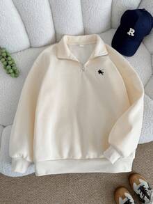 少女杏色休闲简约经典刺绣长袖针织半拉链领宽松套头衫，英伦印花，适合秋冬季 - 杏色 - 查看 6