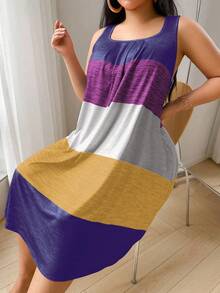 SHEIN Plus Size Colorful Striped Print Casual Nightgown, Moo Moo Night Dress - Purple - View 3