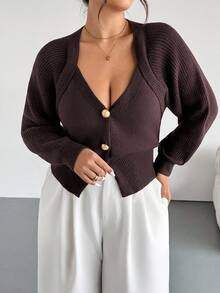 Firerie 秋冬大码纯色前扣长袖休闲针织开衫 - 棕色 - 查看 6