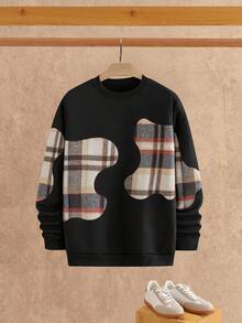 Manfinity NXTstreet 男士休闲针织格子拼布插肩长袖修身运动衫，适合日常穿着针织套头衫，秋季，冬季 - 黑色 - 查看 3