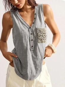 Bohemela Boho Countryside Vacation Style Solid Color Washed Knit Patchwork Crochet Pocket V-Neck Sleeveless Fitted Women Tank Top - Grey - View 4