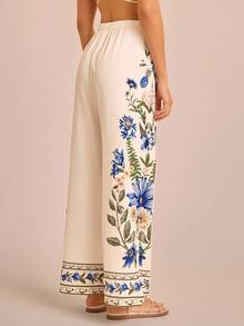 CAJUNI Women's Vacation Apricot Base Blue & Pink Daisy Floral Print, Elastic Waist Straight Leg Pants With Placement Print, Summer Vacation Trousers