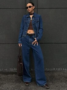 DAZY Women's Blue Regular Shoulder Long Sleeve Fashion Front Button Denim Suit - Blue - View 3