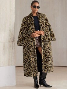 GENKIRA Luxuriöser Zebra-Muster Mantel mit tiefem V-Ausschnitt und Kunstfell, der elegante Retro-Moderne Ausstrahlung zeigt, geeignet für Abendpartys und andere Anlässe - Verschiedenfarbig - Übersicht 6