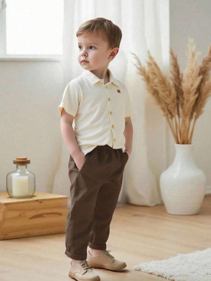 SHEIN Vintaside Kids 4-7 Years Old Boys' Spring/Autumn Shirt Set, Long Sleeve Cardigan Top And Striped Pants Suit, Back To School Uniform, All Season Outfit - Rust Brown - View 1