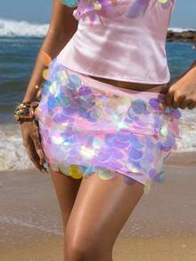 Opulessa Váy ngắn cạp thấp đính hạt sequin trơn màu cho kỳ nghỉ dành cho nữ, trang phục mùa thu cho nữ, quần áo mùa đông cho nữ, trang phục Halloween, Fairycore, trang phục công sở thường ngày cho nữ, trang phục dự tiệc sang trọng gợi cảm cho nữ, váy dự tiệc cưới cho nữ, bãi biển - Hồng - Xem 2