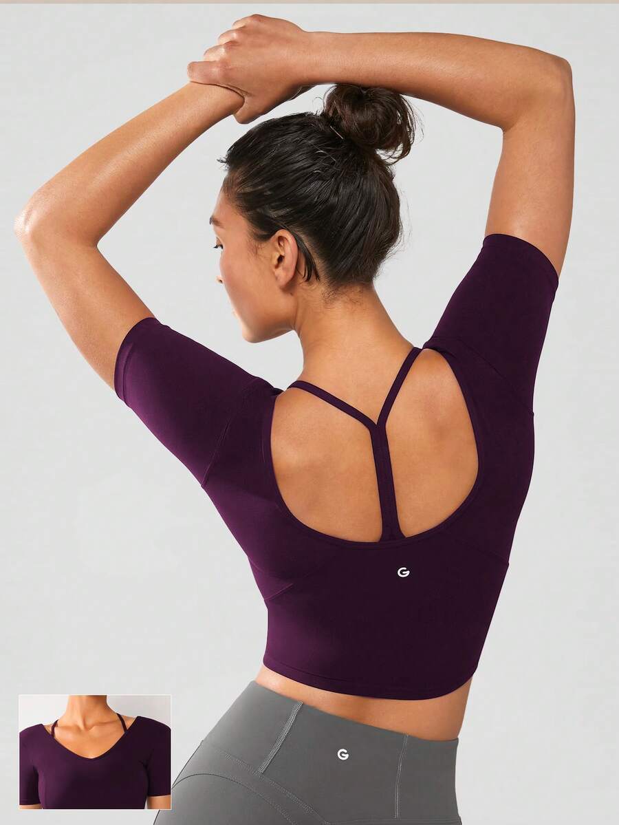 GLOWMODE FeatherFit™ Slim Cropped Length Contour U Back Tee Low Impact Yoga Pilates Daily Summer Baby Tee Gym - Cherry Cola - View 1