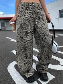 DAZY 女士豹纹宽松哈伦裤，休闲街头风牛仔裤 Y2k - 軍綠色 - 查看 2