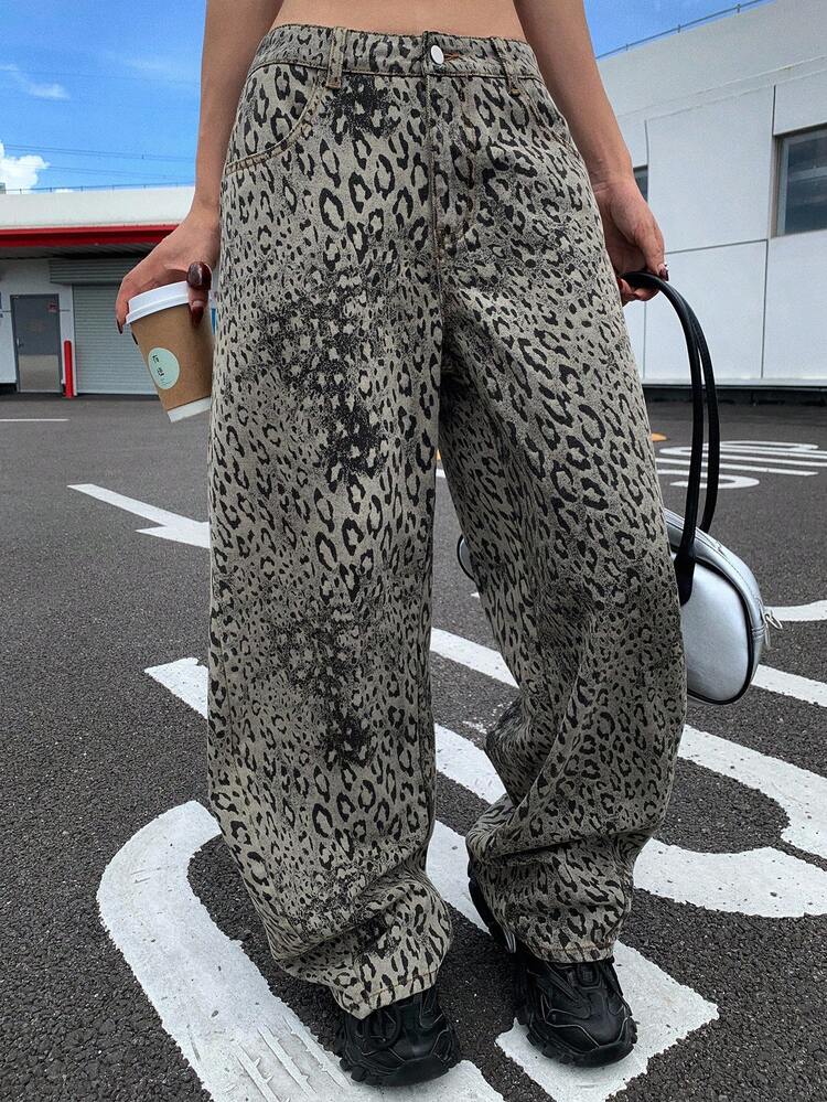 Women's Leopard Print Loose Harem Pants, Casual Street Style Jeans Y2k
