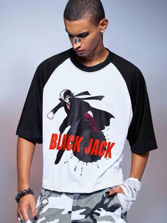 Black Jack X ROMWE Herren Schwarzes Jack Collaboration Farbblock Druck T-Shirt