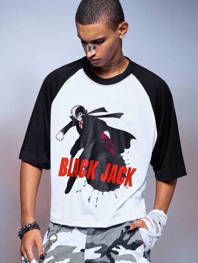 Black Jack X ROMWE Men's Summer Casual Fashion Street Cartoon Anime Figure And Letter Graphic Colorblock Raglan Sleeve Loose T-Shirt