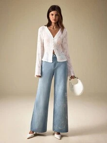 SHEIN LUNE Jeans de campana con bordado floral casual para mujer - Azul - Ver 7