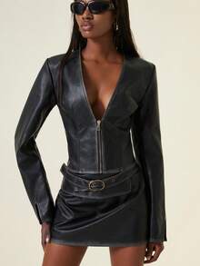 GENKIRA Bộ 2 áo crop top da PU đen cổ chữ V sâu, thiết kế khóa kéo và chân váy ngắn cạp trễ, trang phục dự tiệc gợi cảm thường ngày - màu đen - Xem 3