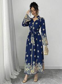 Chiquease Printed Stand Collar Long Sleeve Elegant Casual Long Dress For Women Maxi Women Outfit Fall Cloth For Women