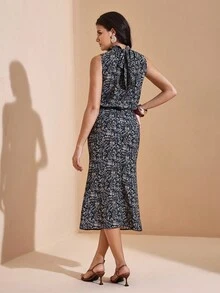 JIAN LASALA 抽象印花露背系带无袖垂褶腰身中长连衣裙，女士优雅休闲秋季优雅连衣裙，适合外出、派对、晚宴、婚礼宾客等场合，尽显奢华时尚。 - 彩色 - 查看 2