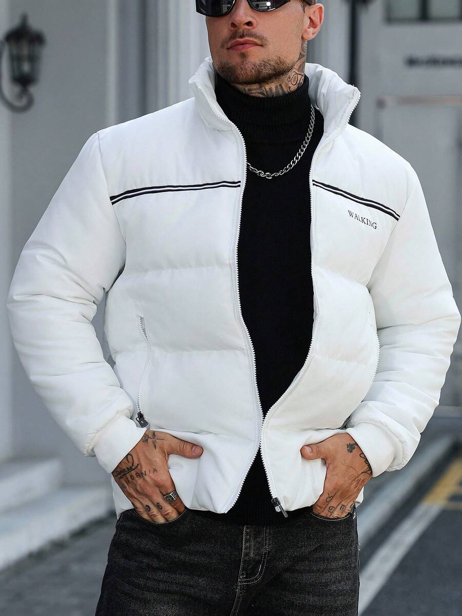 Manfinity CasualCool 男士长袖字母条纹拉链休闲冬季羽绒服，白色外套，秋季 - 白色 - 查看 1