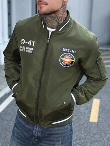 Manfinity Homme 男士长袖秋季字母印花拉链休闲飞行员夹克 橄榄绿 - 軍綠色 - 查看 8