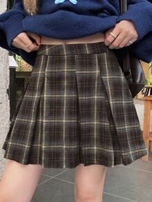 DAZY Women's Pleated Plaid A-Line Skirt, Academic Style Fall - Khaki - View 4