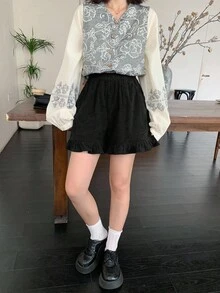 FRIFUL 女士黑色纯色弹力腰灯芯绒面料荷叶边休闲宽松百搭短裤，秋季款 - 黑色 - 查看 4