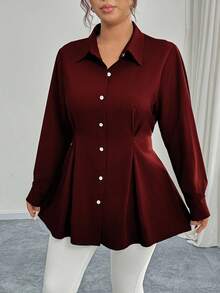 Elenzga Áo cánh xếp ly eo màu đen thanh lịch cho trang phục công sở, mùa thu/đông - Màu Đỏ Sâu - Xem 7