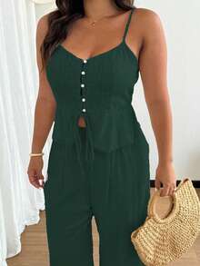 SHEIN SunnyBelle 2pcs/Set Plus Size Women's Casual Minimalist Linen Camisole & Pants Set, Summer