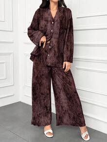 Modelyn 女式蜡染印花落肩长袖上衣和宽松休闲裤两件套，春夏两件套 - 棕色 - 查看 5