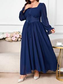 Modelyn Plus Size Solid Color Square Neck Fashion Tie-Waist Pleated Dress - Navy Blue - View 8