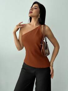 Firerie 全新优雅杏色亚麻不对称下摆褶饰腰部露背休闲衬衫，春夏 - 棕色 - 查看 3