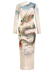 Y2Kool BiGraphic Vestido de mujer con mangas largas, multicolor, con elementos chinos y orientales, estilo de pintura de tinta con dragón, nubes y cielo, de malla y transparente, sexy, estilo Y2K y urbano, casual y elegante, adecuado para verano, otoño, fiestas, reuniones, vacaciones y uso diario. Vestido de dragón, vestido oriental, vestido único, vestido qipao, colección de ropa de invierno con estilo, atuendos de Año Nuevo.