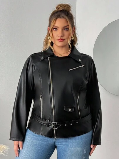 SHEIN CURVE+ Plus Size Women's Autumn And Spring Fashion Casual Loose Basic Daily Black Long-Sleeved PU Leather Jacket ,Y2K,Street Wear,Spring,Women Coats,2000s Style,Disco Winter Fall/Autumn /Winter