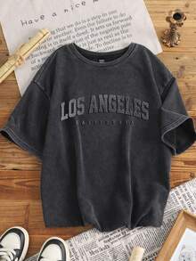 Attitoon Áo thun họa tiết Los Angeles 3D cỡ lớn, thiết kế tối giản, giản dị, vải dệt kim màu đen in họa tiết nhung, phù hợp cho mùa hè, mùa thể thao, trở lại trường, 62% cotton - Nhiều màu - Xem 8