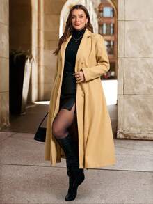 SHEIN Clasi Plus Size Elegant Vintage Inspired Wool Princess Coat, 1950s Swing Coat, Winter Coat, Fit And Flare Coat Fall Autumn,Winter, Elegant Coat - Khaki - View 3