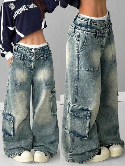 Tween Girls Fashion Casual Y2k Vintage Cool Double Waistbands And Workwear Pockets Comfortable And Nostalgic Blue Loose Work Jeans For Tween Girl Clothes Girls Costume Dailywear And Tween Girl Summer And Fall Rave Outfits Festival And Beach Outfits Streetwear School Clothes Kids Wide Leg Jeans Tween Girl Baggy Jeans Y2k Jeans Winter