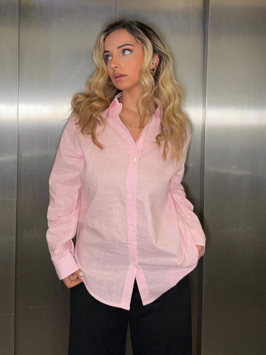 Jeta Ari 2025 年夏季新款粉色经典常规肩商务风格独立音乐节派对夏装，适合婚礼宾客、早午餐、城市通勤、浪漫休闲百搭优雅女士夏季衬衫 - 粉色 - 查看 1