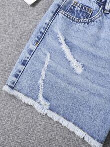 Pantaloncini di jeans casual e comodi da donna, in stile preppy e all'aperto, con vita elastica, chiusura con chiusura lampo e design vissuto - Blu lavato medio - Visualizzare 4