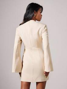 COSMINA Women's Solid Color V-Neck Elegant Commuter Long Sleeve Mini Dress Blazer Dress Work Dress Business Casual Dress - Apricot - View 2