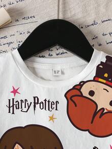 HARRY POTTER X SHEIN Young Girl Crew Neck Short Sleeve Comfortable, Casual Cartoon Figure And Cute English Letter Print T-Shirt - White - View 3