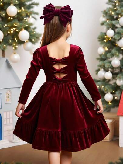 SHEIN Young Girl Cute Back 3D Bowknot Decoration Dress, Casual Simple Elegant  Dress, Suitable For Autumn And Winter,For Christmas,Party Wear,Birthday Dress