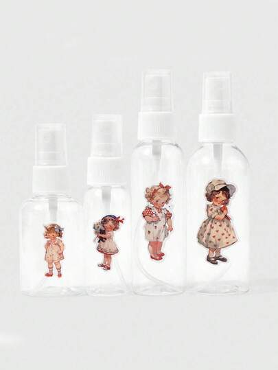 Kawaii Set da 4 flaconcini spray trasparenti in PET, con disegni di ragazze a fumetti, contenitori ricaricabili per cosmetici e profumi