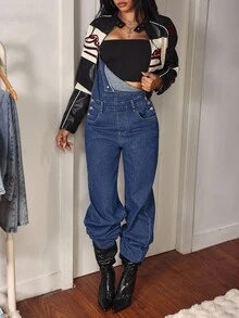 SHEIN Tall Women's Casual Washed Straight Leg Denim Bib Overalls, Summer - Dark Wash - View 7