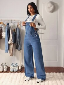 SHEIN Tall Tall Blue Washed Denim Bib Overall Jumpsuit