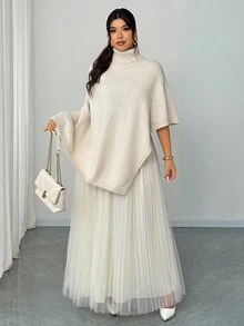 Elenzga Damen einfarbiger Cape Weihnachtsstil Stehkragen Lässig Elegant Locker Büro Design Unregelmäßiger Saum Große Größen Strickpullover Cape Schal Warm Mantel, Herbst Winter - Aprikosenfarben - Übersicht 3