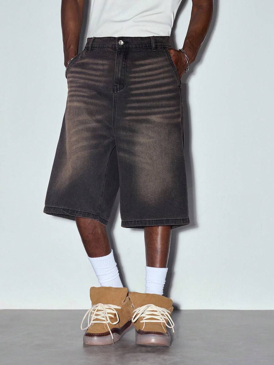 MODCRASH Men Water Washed Denim Shorts Slanted Pockets Jorts - Black - View 1