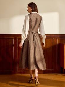 Vintamour 复古经典优雅学院风女装两件套，秋冬蝴蝶结领两件套长袖两件套，咖啡色两件套 - 咖啡棕 - 查看 3